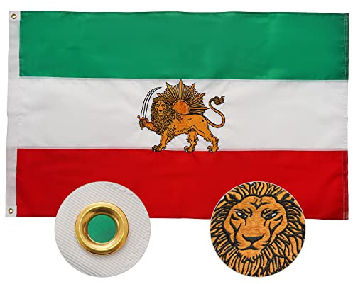 SYII Iran Flag 3x5 Ft Outdoor, Embroidered Old Iranian Lion Sun Persian Flags with 2 Brass Grommets and Sewn Stripes, Heavy Duty 210D Polyester