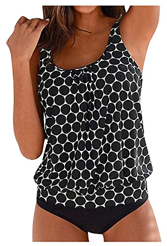 Tankini Damen Bauchweg Mehrfarbig Tankini Set Push Up mit Oberteile und Badeshorts Badeanzug Beachwear Zweiteiler Bedruckter Bademode mit Slip, Hotpants High Waist Swimsuit (Black, L)