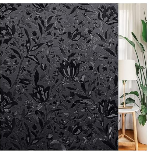 LEMON CLOUD Frosted Blackout Window Film, Privacy Black Out Glass Film for Day and Night, No Glue Static Cling, UV Protection Heat Control, Dark Black Tulip (30x200cm)