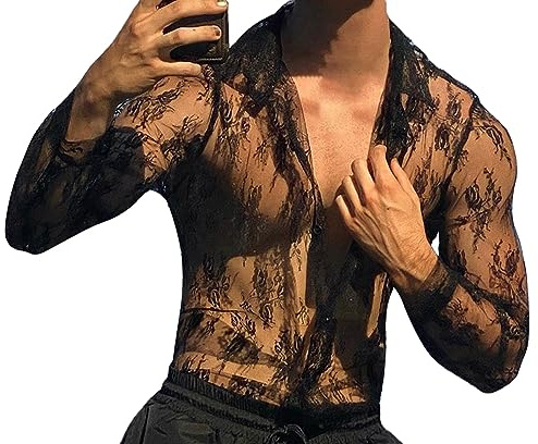 Panegy Uomo Camicia a Maniche Lunghe Maglia a Rete Trasparente Muscolo Camicie Party Sexy Clubwear Produttore M/EU Taglia S-Nero 1