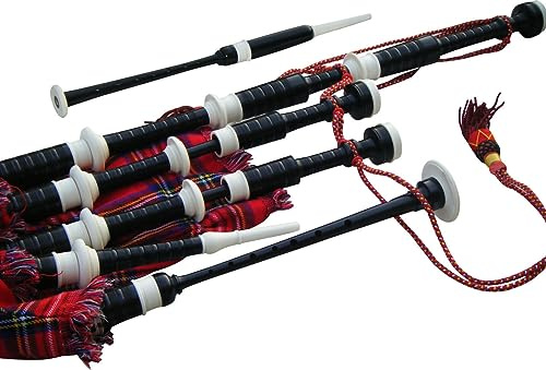 Great Highland Dudelsack von Hakam Din schwarz schattiertes Cocoboloholz mit elfenbeinfarbenen Passepartouts und Schottenkaro-Abdeckschnur für Studenten, komplettes Starter-Set inklusive