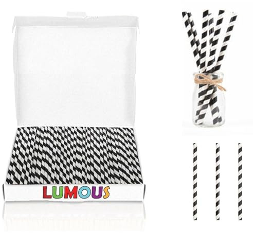 LUMOUS ROLA Paper Straws, 150 Pack Paper Drinking Straws, Bio Degradable Drinking Paper Straws Wedding Party, Party Straws, Restaurant, Juice Drinking Straws (150Pcs Black White Stripes)