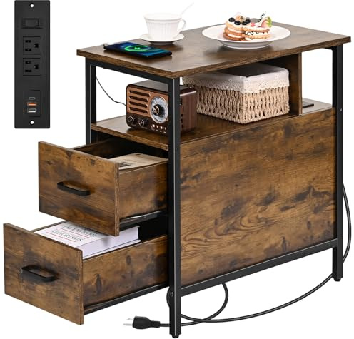 Livofloral Side Tables with Charging Station, Narrow End Table with 2 Wooden Drawers, USB Ports and Power Outlets, Narrow Nightstand and Bedside Table, Side Tables Living Room, Bedroom, Brown