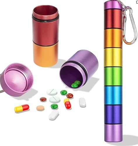 YUWJOOWEE Metall Tablettenbox 7 Tage, 7 Fächer Regenbogen Tablettenbox, Metall Wasserdichte Pillenbox Schlüsselanhänger Für Unterwegs, Outdoor, Reisen, Wandern, Camping
