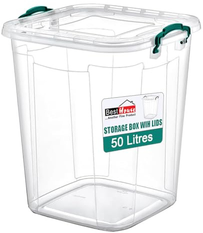 Best House | Plastic Storage Box with Clips & Lids | Size: 50L (L:42.4cm W:40cm H:48.8cm) | Set of 1 | Square Shape | Stackable Clear Durable Multipurpose Office Home Kitchen Tools Crafts (LARGE Size)