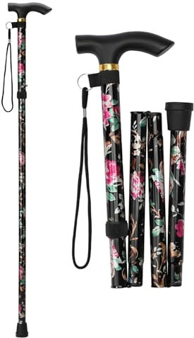 Bastón plegable con mango en T, altura ajustable para personas mayores, discapacitados, hombres y mujeres – Bastón en negro (flor negra)