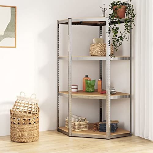 LAPOOH Eckregal mit 4 Böden Silbern Stahl & Holzwerkstoff, Bücherregal, Esszimmer Deko, Eckbücherregal, Eckschrank, Leiterregale, Ecke Dekoration