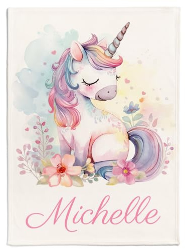 Pictogogo Personalisierte Babydecke mit Namen und Datum - Kuschelige Meilensteindecke aus Minky-Fleece, Ideal als Geburtsgeschenk (Einhorn)