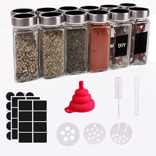 Deodak Barattoli Spezie 12x120ml - Contenitori in Vetro Ermetici Trasparente per Cucina Con Setaccio, Etichette, Penna, Spazzola e Imbuto