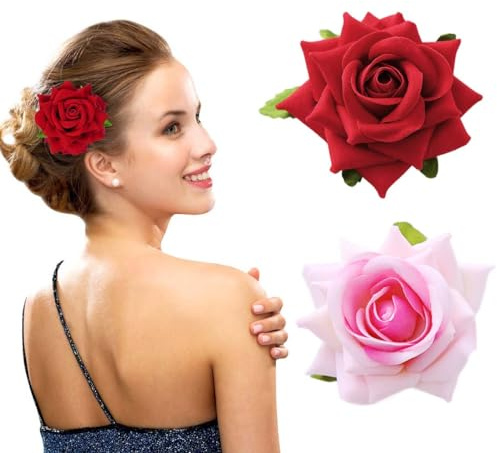 2 Stücke Blumen Haarspange Blumen Haarclip Rot Blume Brosche Haarschmuck Haarnadeln Haarklammer für Party Hochzeit Halloween Karneval Maskerade Make up