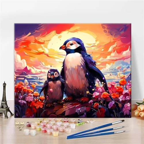 Aimaor Malen Nach Zahlen Erwachsene,Blumenpinguin Paint by Numbers Adult Bastelset Malen-Nach-Zahlen Kinder Anfänger Leinwand Kreativ Set DIY Set Malen nach Zahlen（DIY Frame） 50x65cm