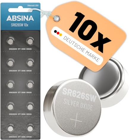 ABSINA 10x Batteria SR626SW orologio 1,55V ossido d'argento - batteria orologio SR 626 SW a tenuta stagna e lunga durata - Pile SR626SW 377 - Pila SR 626 SW