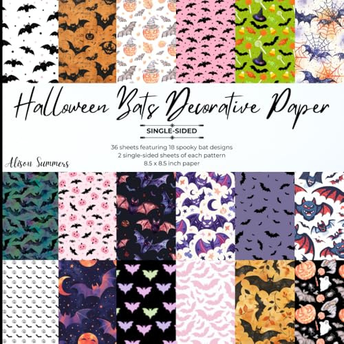 36 Sheets Halloween Bat-Themed Decorative Paper Pad for Scrapbooking: 18 Single-Sided Papers 8.5 x 8.5 for Journalling, Decoupage, Card Making & Other Crafts
