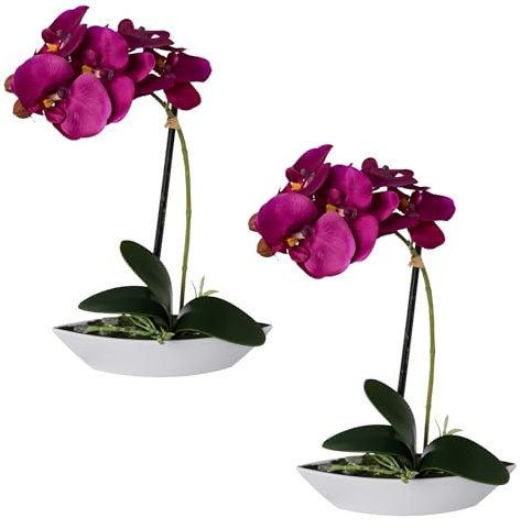 2er Set lila Phalaenopsis Orchideen in ovaler Schale - 30 cm Kunstpflanze Deko