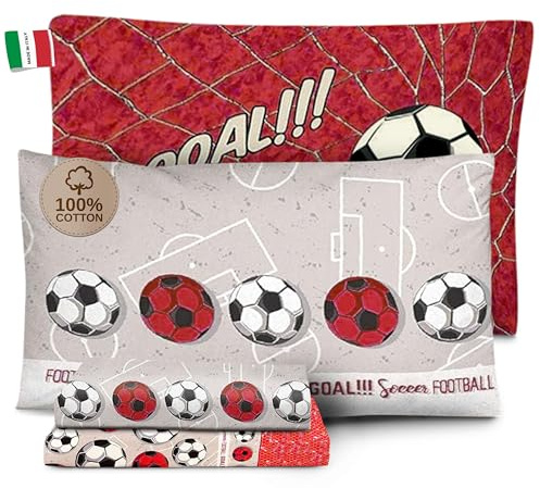 HomeLife Set Completo Lenzuola Matrimoniali Cotone Fantasia Made in Italy | Completo Letto Matrimoniale 100% Cotone, OEKO-TEX, Stampa Digitale, Lenzuolo Sopra, Sotto, 2 Federe | Calcio Rosso