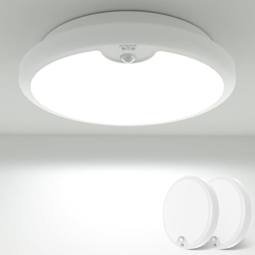 Peasur Lot de 2 plafonniers LED avec détecteur de mouvement - Fonctionne avec piles - 18 cm - Pour intérieur et extérieur - 300 lm - 6000 K - Pour armoire, balcon, buanderie, cave, couloir, garage,