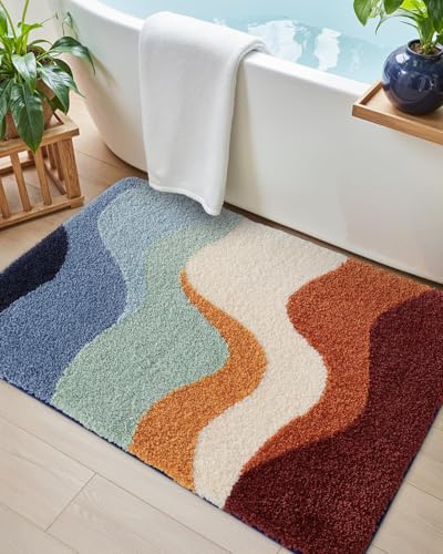 DEXI Bathroom Rug Washable, 24x36 Non Slip Bath Mat Absorbent, Soft Plush Microfiber Bathmat Quick Dry for Shower Floor, Colorful