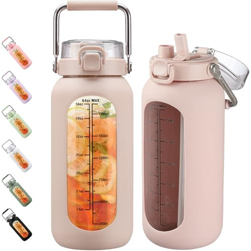 BLUEGO 2000ml Borosilicate Glass Water Bottle with Stainless Handle and Time Marker 2L Drinking Bottle with Silicone Sleeve and Straw for Gym Office Outdoor Sports Water Bottles BPA Free, Amber