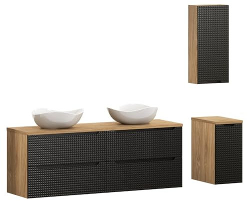 Lomadox Badmöbel Set 4-teilig mit 160 cm Waschtisch in Eiche mit schwarz, grifflose 3D-Front, Keramik-Aufsatzwaschbecken