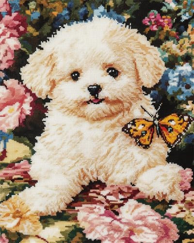N.LANSHAN Diy-Teppich Knüpfstern Knüpfkissen-Set Mit Bichon Frise-Tiermotiv，Hund Und Blumen，Diy-Set Zur Teppichherstellung，Kreuzstich-Set，Handarbeit Für Anfänger，Heimdekoration 60x90cm
