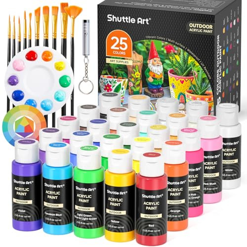 Shuttle Art 25 Colours Outdoor Acrylic Paint, 2oz/60ml Paint for Garden Ornaments with 10 Brushes 1 Palette, Waterproof Acrylic Paints for Artists, Beginners on Rocks, Wood Crafts, Garden Statues