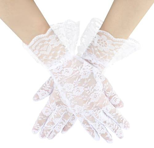 Abeillo Guantes cortos de encaje para mujer, guantes de boda, fiesta de té, guantes de cortesía para ópera, noche, boda, fiesta de té, graduación, años 20, Blanco, M