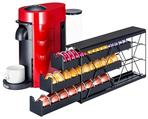 FlagShip 3-Tier Nespresso Pod Holder & Vertuo Coffee Capsule Organizer - Black Metal Space-Saving Storage Holds 30+ Pods Fits All Size Vertuo Pod