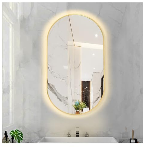 NOIRDA Miroir De Salle De Bain Ovale À LED, Miroir De Courtoisie Mural Éclairé avec Interrupteur Tactile, pour Salle De Bain, Entrée, Salon, Chambre, Décoration Murale(Gold,40x70cm/15.7x27.5in)