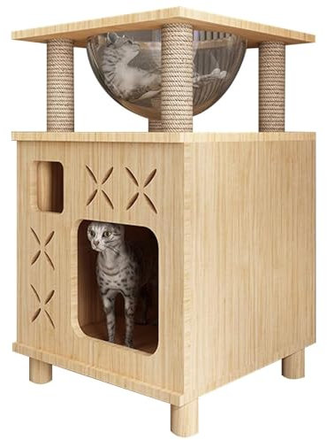 Árbol de torre para gatos con poste rascador de cuerda de lino y cama de 2 niveles para gatos, moderna torre de árbol para gatos de interior, juguete de casa de gato de madera de goma