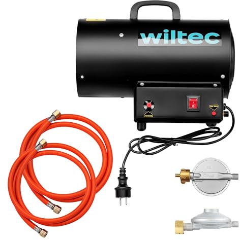 Wiltec Gasheizgebläse 15 kW inkl. Gasdruckminderer für Italien 700 mbar, Gas Heizkanone mit 30 W Motor, Heißluftgenerator aus Stahl, LPG-betriebener Bauheizer