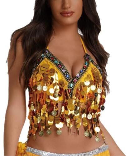 Sujetador con lentejuelas para danza del vientre latina, top corto con lentejuelas brillantes, cuello halter, flecos borlas top de tubo tirantes espalda descubierta para fiestas, clubes, carnavales