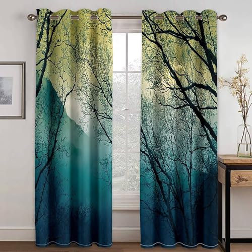 Mesnt Thermovorhang Hitzeschutz, 214x229cm Grau Grün Wald und Nebel Vorhang für Fensterbehandlung Wohnzimmer/Küche