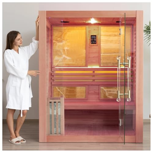 amocane Sauna à vapeur en cèdre, pour 1 à 2 personnes, sauna d'intérieur en bois avec chauffage Harvia à faible EMF de 4,5 kW. Kit d'accessoires de sauna de luxe avec dossier, seau, roches (119,4 x