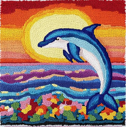 Diy Knüpfkissen Zum Selber Knüpfen Delfin- Und Sonnenuntergangsmuster Knüpfhaken-Sets，Cartoon-Tiere，3D-Kissen，Materialien，Paketbezug，Knüpfhaken-Set，Kissen-Stickerei-Set，Bastel-Heimdekoration