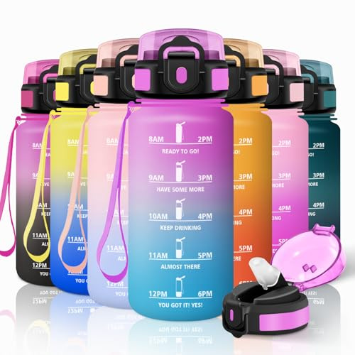 Motswedi Trinkflasche Kinder, 500ml Auslaufsicher, Trinkflasche Kohlensäure Geeignet, mit Zeitmarkierung, Wasserflasche, Sportflasche, für Schule, Sport, Yoga, Fitness, Büro, Rosarot & Cyan