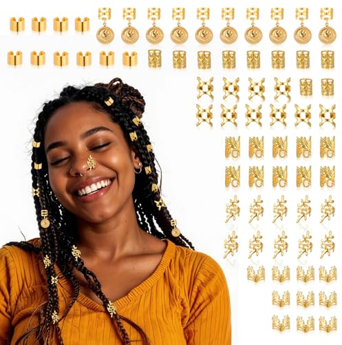 Nogeqi 70 stycken guld dreadlocks smycken hårsmycken guld pirater hårsmycken pirat flätor smycken loc för flätor, justerbara hårspiralklämmor, festival dreadlock tillbehör för kvinnor flickor män