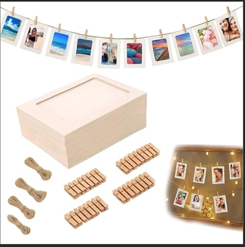 YceLon 20 Stück Fotoleine Mit Klammern, Foto Girlande Set Mit 20 Papierrahmen 10x15 cm Und 20 Holzklammern, Fotovorhang Zum Aufhängen Für DIY, Party Und Wohnzimmerdekoration