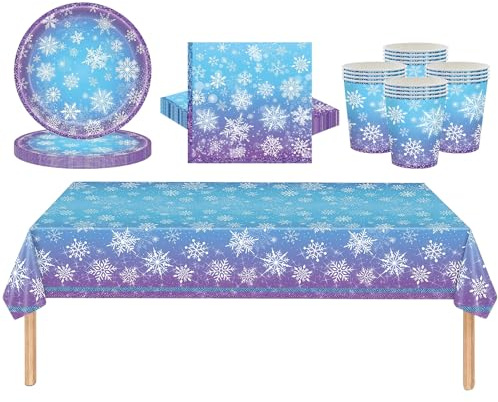 Set da tavola per feste di Natale, 53 pezzi, per decorazione della tavola, blu viola neve, 137 x 274 cm, grande tovaglia di plastica natalizia con neve, piatti di carta, bicchieri, tovaglioli, set da