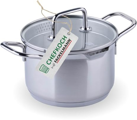 Fackelmann Chefkoch Kochtopf mit Glasdeckel Ø16 cm Nürnberg – 2,0 L Volumen, 1,5 L Füllmenge mit Innenskala, aus Premium Edelstahl mit Aluminium-Kern, für alle Herdarten inkl. Induktion