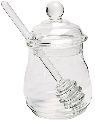 FUNNETOYU Pot de Miel avec Cuillère en Verre 280ml Léger et Anti-poussière, Récipient Domestique Élégant pour Conserver le Miel la Maison