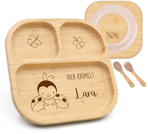 Kidsmood - Kinderteller mit Saugnapf inkl. Baby Besteck mit Namen – Teller für Kleinkinder, rutschfest – Beikost Baby Zubehör, personalisierte Geschenke zur Geburt, Taufgeschenke Jungen & Mädchen