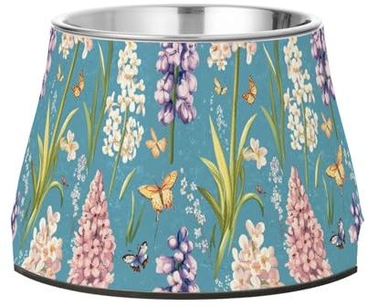 Futternapf für Hunde, Motiv: Frühlingsblumen, Hyazinthen, Schmetterlinge, Blau, rutschfest, Edelstahl, für Hunde, Katzen, Kaninchen, Vögel, Schnurrhaar, Entlastung