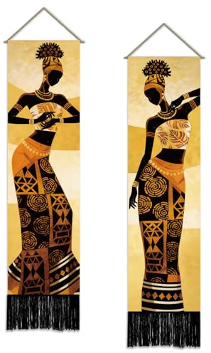 SUPERDANT 2 piezas señora africana tapiz vertical 51 x 13 pulgadas 130 x 33 cm largo estrecho bohemio colgante de pared tapiz étnico colorido para sala de estar dormitorio entrada oficina decoración