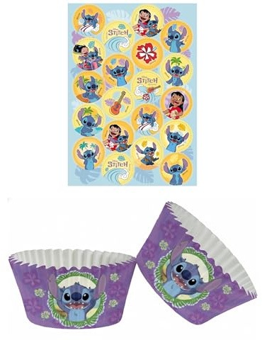 Dekozauber24 Stitch Muffin Deko Set | 20 Essbare Muffinaufleger, 25 Muffinschalen, Glutenfrei, Laktosefrei, Vegetarisch