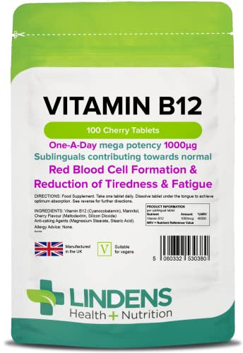 Lindens Vitamin B12 1000mcg Cherry Flavour Sublingual Tablets - 100 Pack - for Red Blood Cell Formation and Fatigue Reduction - Fast Absorption - UK Manufacturer, Letterbox Friendly