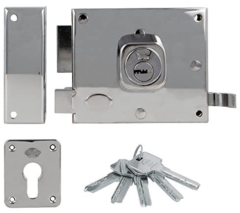 Amig - Cerradura de Sobreponer de Izquierda con Palanca de Cierre, Lengüeta y Tirador para Puertas de Madera Mod. 73, 100 x 85 mm, Pestillo Con Cilindro Europerfil, Acero Plateado