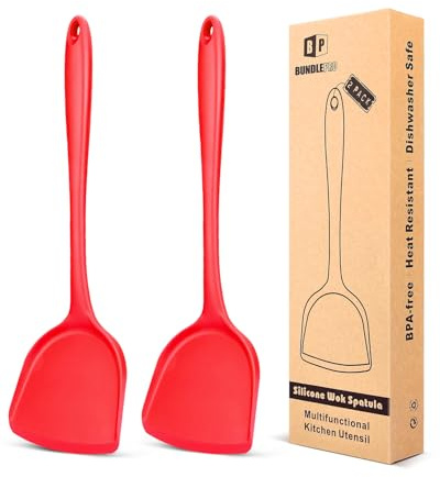 Pack of 2 Silicone Wok Spatula, Non-Stick, Heat, Stain and Odor Resistant, Easy to Clean and Dishwasher Safe, Seamless Kitchen Utensil for Cooking, Baking, Stir-Fry (Red)