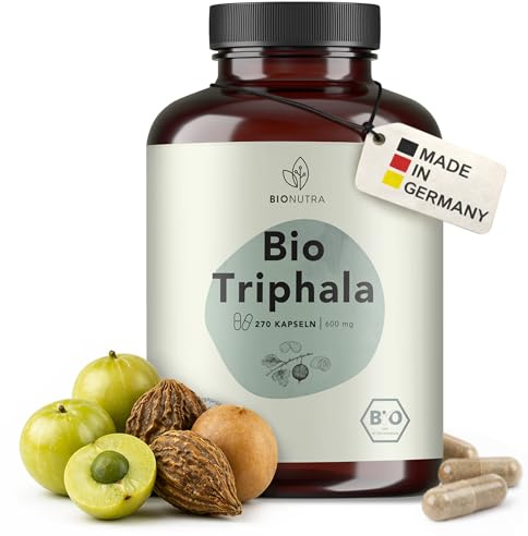 BIONUTRA Bio Triphala Kapseln, 270 Stk. à 600 mg, hochdosiert | rückstandskontrolliert, ohne Zusätze, vegan, deutsche Herstellung aus Triphala Bio Pulver, mit Amla, Haritaki und Bibhitaki