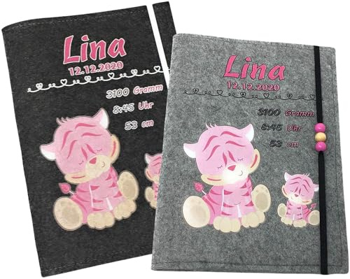 U Heft Hülle und Impfpass aus Filz - Personalisiert mit Namen - Untersuchungsheft Schutzhülle - Babygeschenke zur Geburt - Kinderuntersuchungsheft Mädchen und Junge - Tiger Rosa