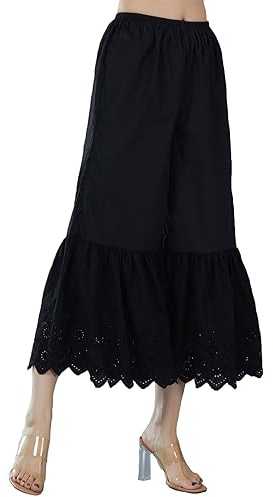 EAUTELICATE Capri Pantalon De Pyjama Femme Été Jupon sous-Jupe en 100% Coton Pantacourt Longue Ample Évasé à La Maison avec Dentelle Broderie Noir, L